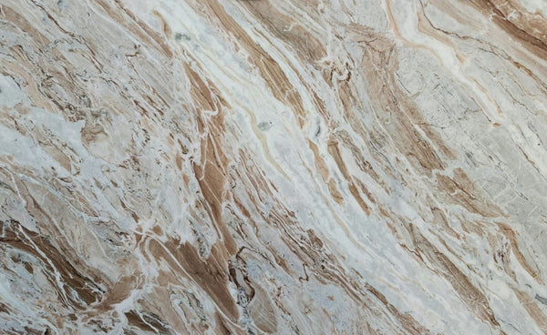 Quartzite Fantasy Moka Premium <br> Fini : Poli - Lot : 2000 <br> Epaisseur : 1.25'' <br> Dimensions : 80'' x 75'' <br> Indice de prix : $$$ <br>