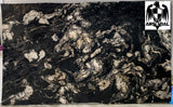 Granite Titanium Gold Premium <br>Fini : Antique -  Lot : 9204 <br>Epaisseur : 1.25''  <br>Dimensions : +,-129'' x 75'' <br> Indice de prix : $$$$ <br>